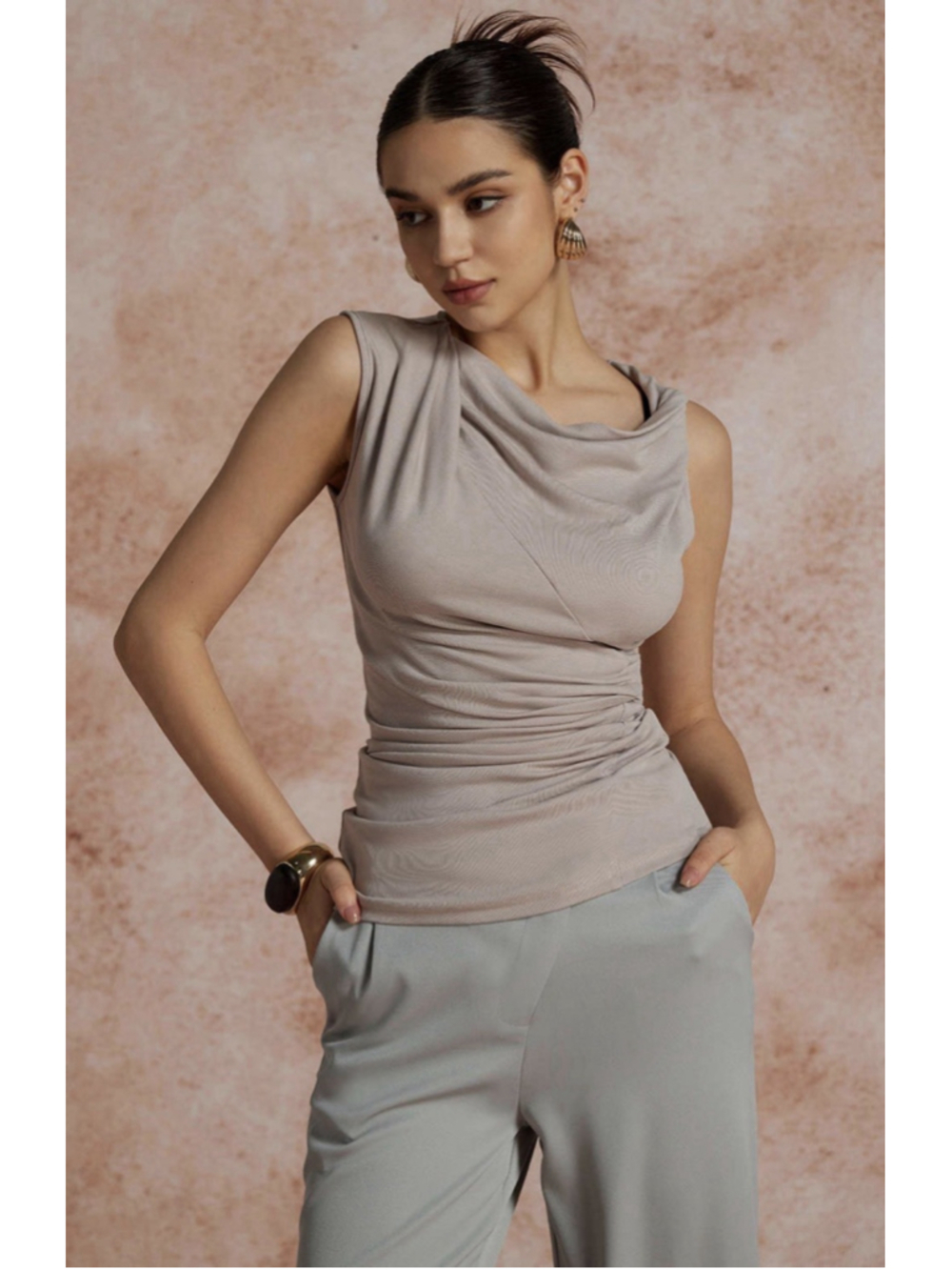 Micas Asymmetric Cowl Neck Ruched Chic Tank Top S